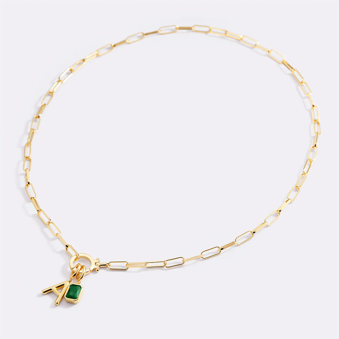Mint Paperclip Necklace with Initial & Birthstone Charm - Image 16