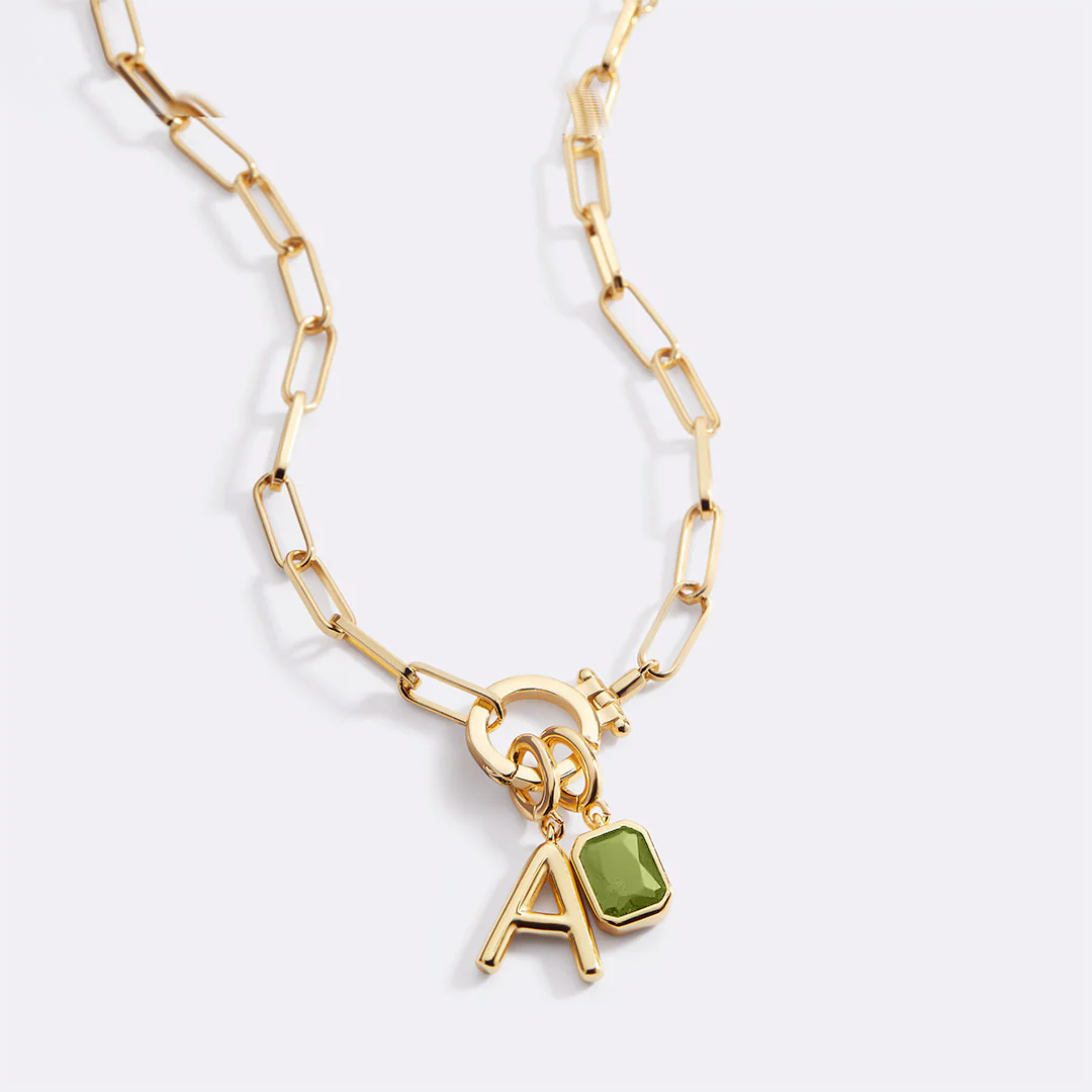 Mint Paperclip Necklace with Initial & Birthstone Charm - Image 22