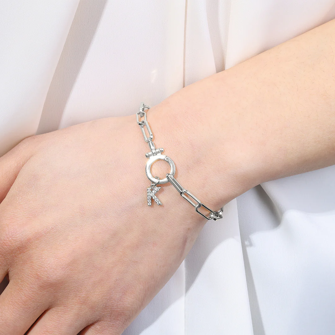 Mint Paperclip Bracelet with Pave Initial Charm - Image 11
