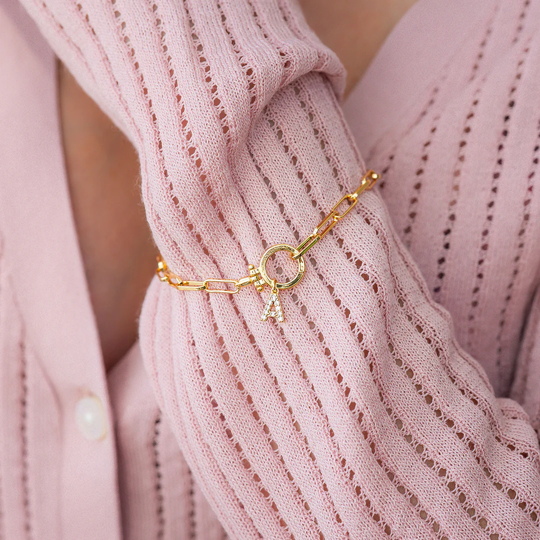 Mint Paperclip Bracelet with Pave Initial Charm - Image 15