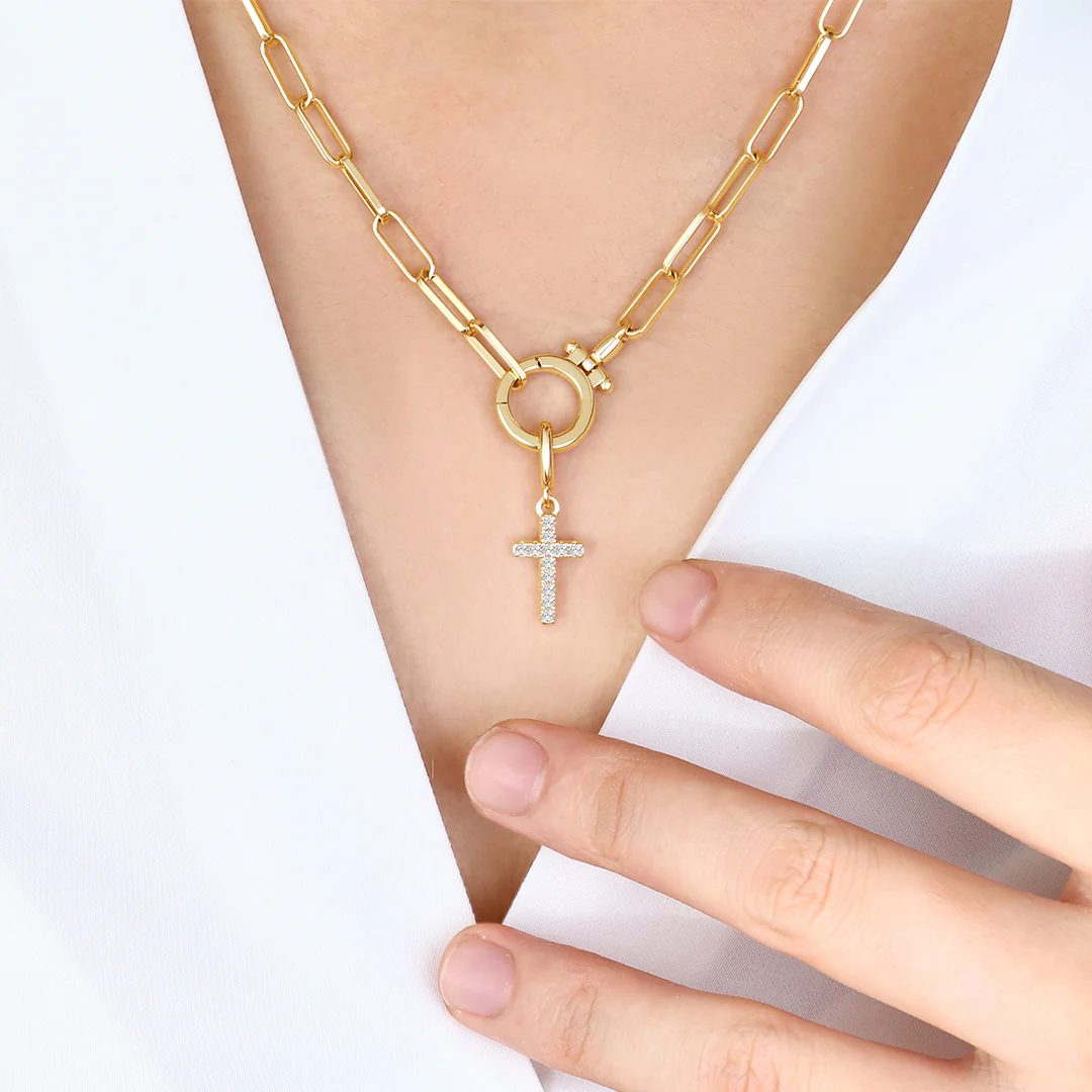 Mint Paperclip Necklace with Pave Cross Charm - Image 7