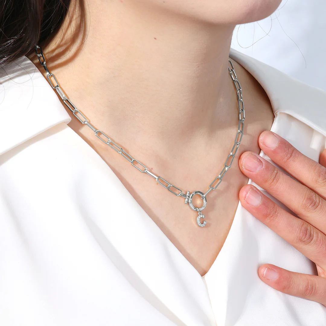 Mint Paperclip Necklace with Pave Initial Charm - Image 21