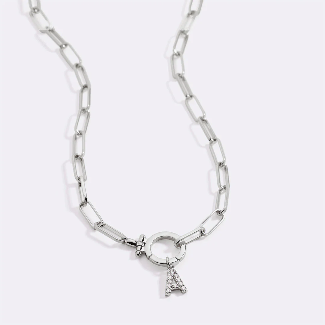 Mint Paperclip Necklace with Pave Initial Charm - Image 28