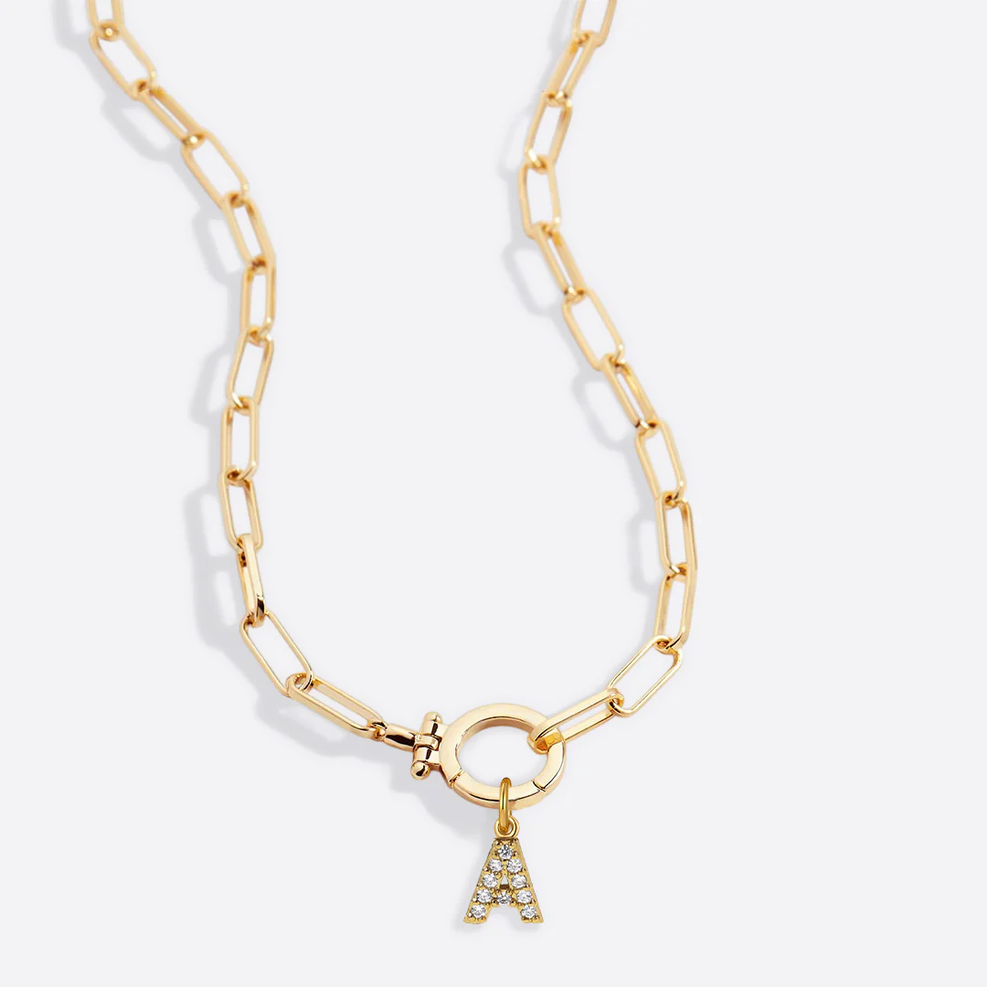 Mint Paperclip Necklace with Pave Initial Charm - Image 35