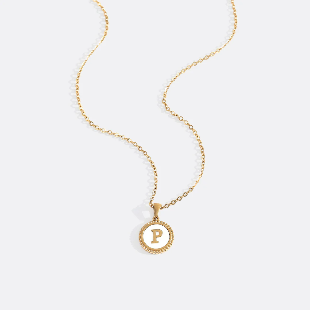 Mother of Pearl Disc Letter Necklace with Cable Chain - Image 37