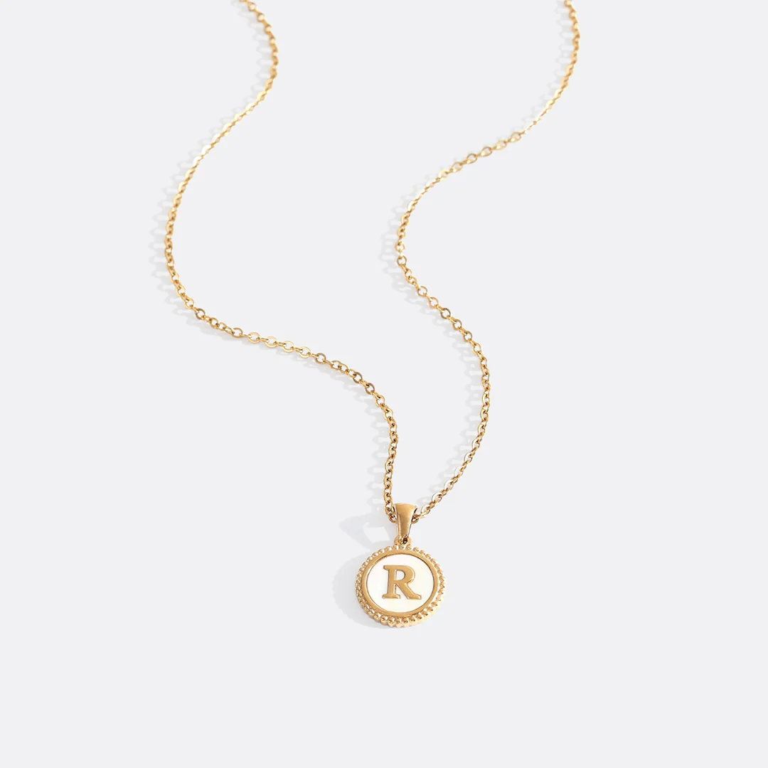Mother of Pearl Disc Letter Necklace with Cable Chain - Image 41