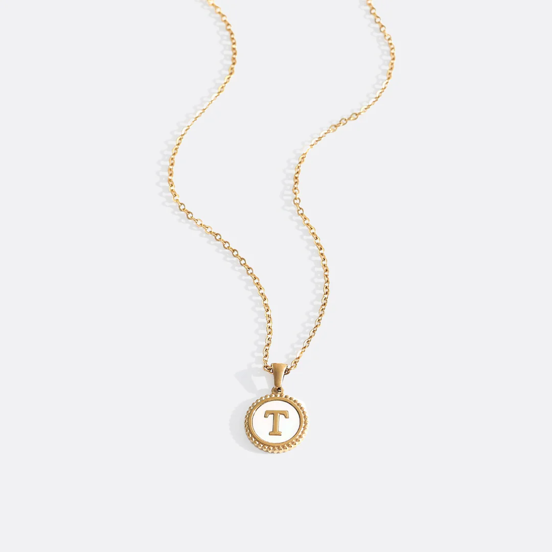 Mother of Pearl Disc Letter Necklace with Cable Chain - Image 45