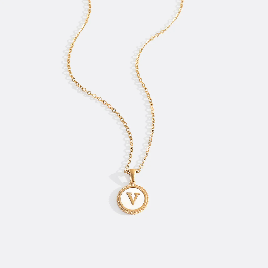 Mother of Pearl Disc Letter Necklace with Cable Chain - Image 49