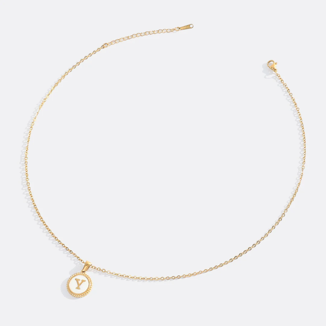 Mother of Pearl Disc Letter Necklace with Cable Chain - Image 55