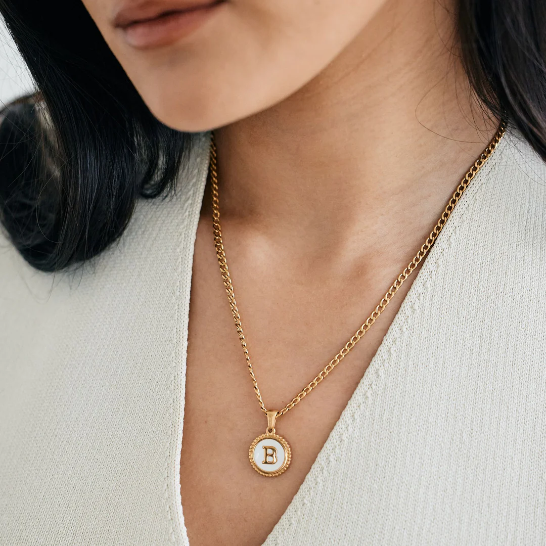 Mother of Pearl Disc Letter Necklace with Cuban Chain - Image 3