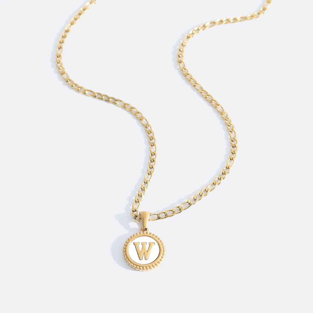 Mother of Pearl Disc Letter Necklace with Figaro Chain - Image 25
