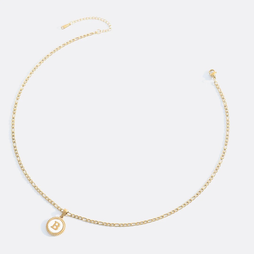 Mother of Pearl Disc Letter Necklace with Figaro Chain - Image 30