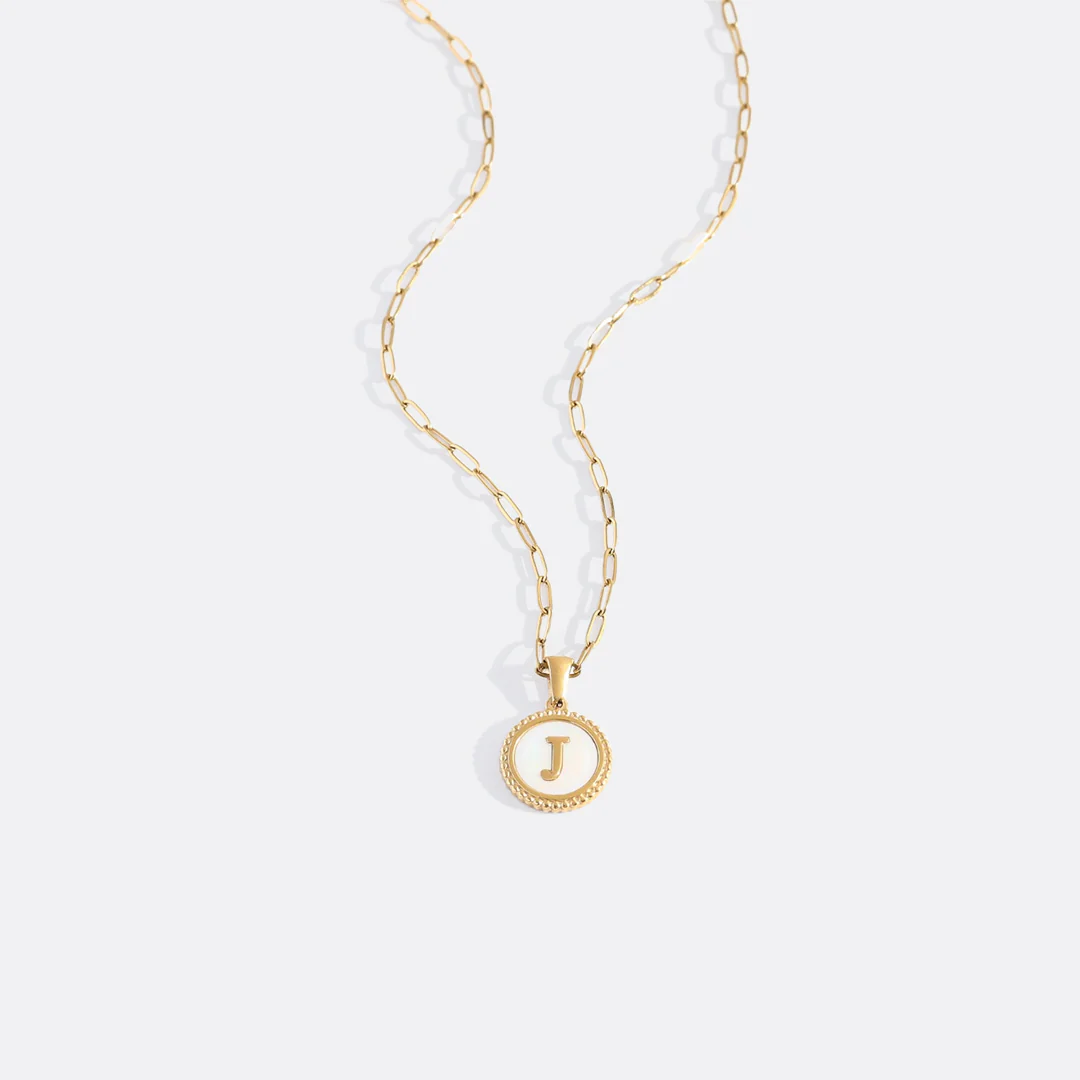 Mother of Pearl Disc Letter Necklace with Paperclip Chain - Image 14