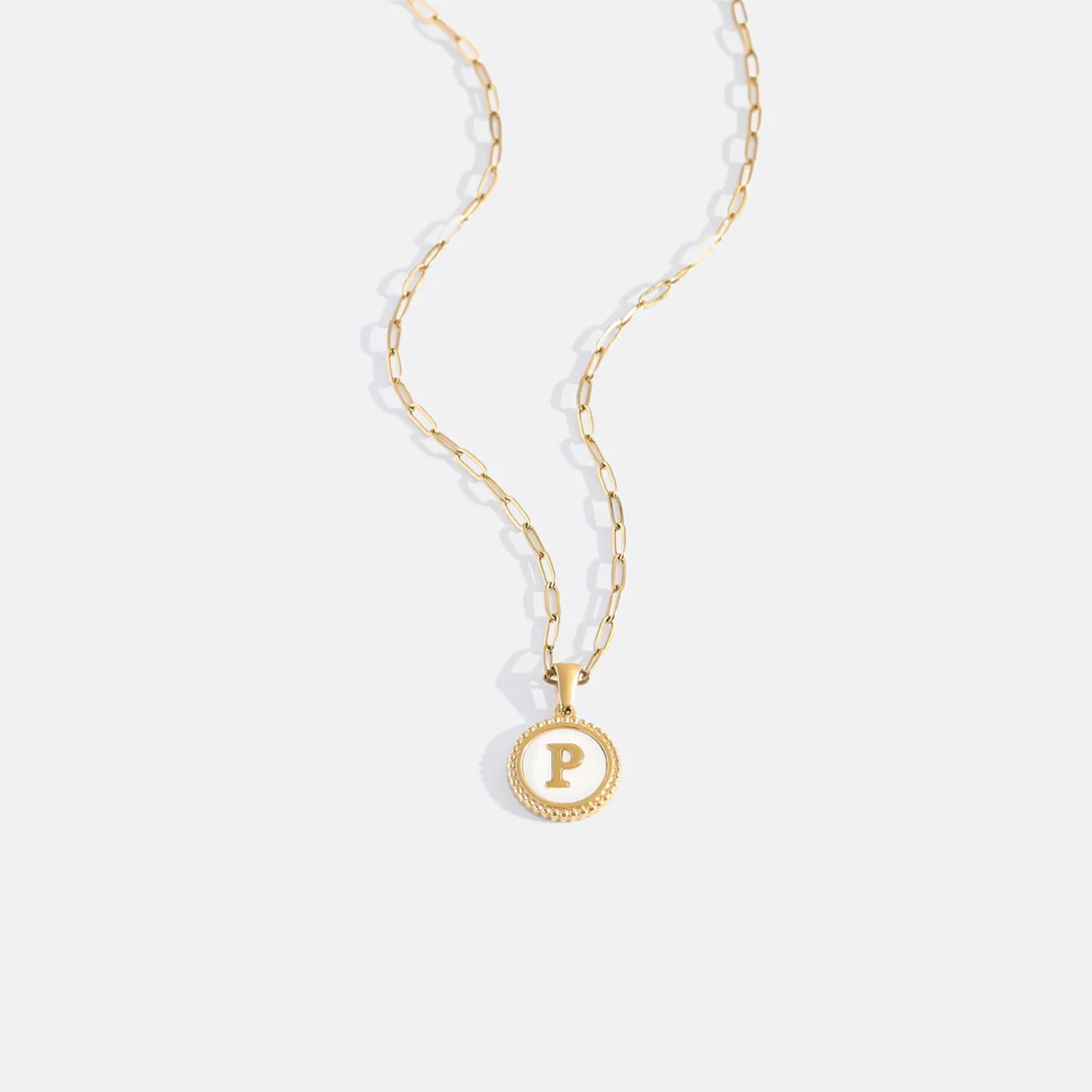 Mother of Pearl Disc Letter Necklace with Paperclip Chain - Image 20