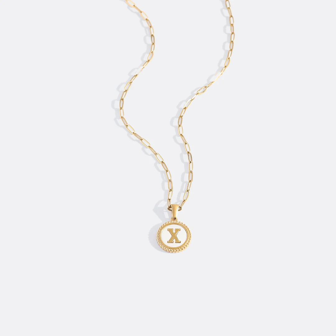 Mother of Pearl Disc Letter Necklace with Paperclip Chain - Image 28