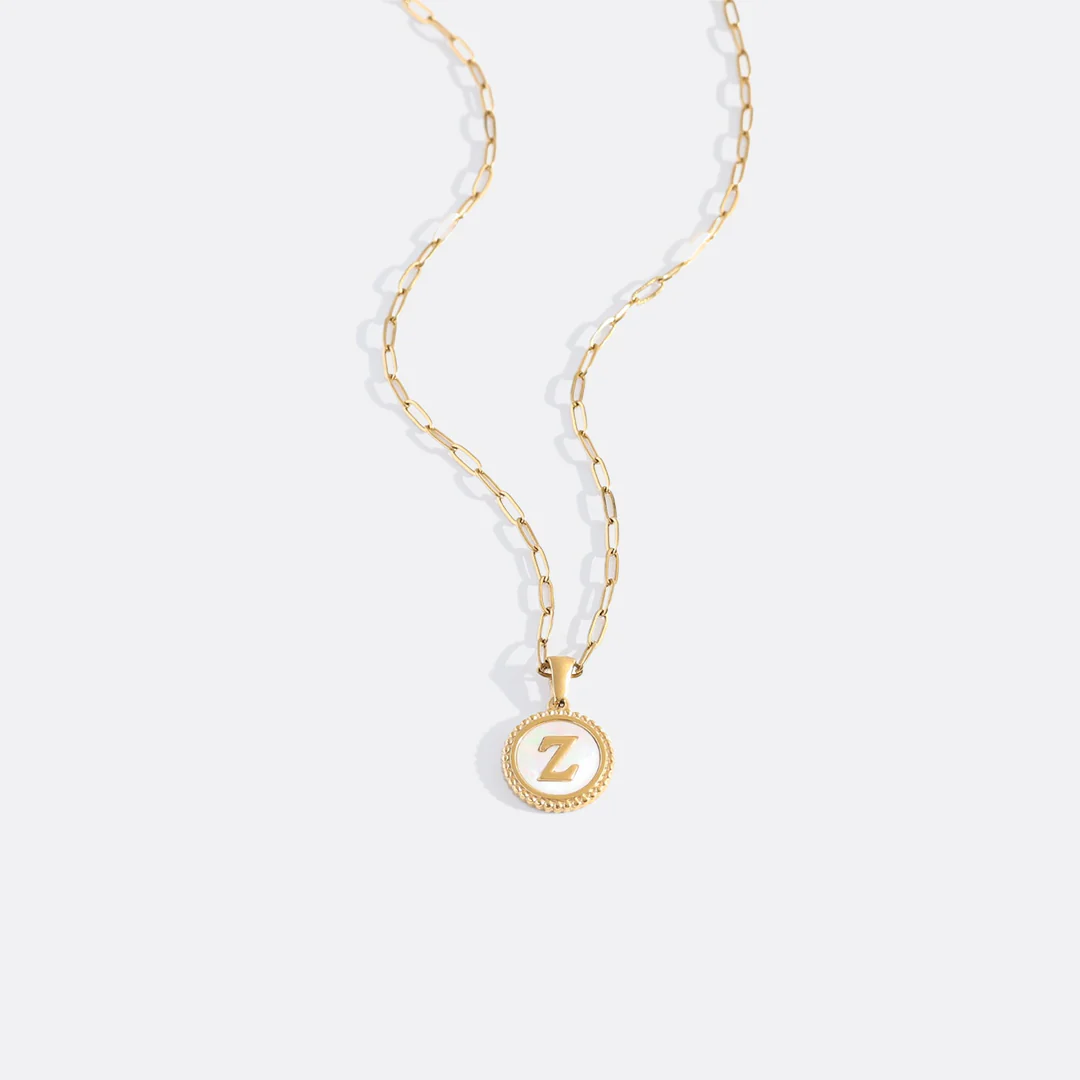 Mother of Pearl Disc Letter Necklace with Paperclip Chain - Image 30
