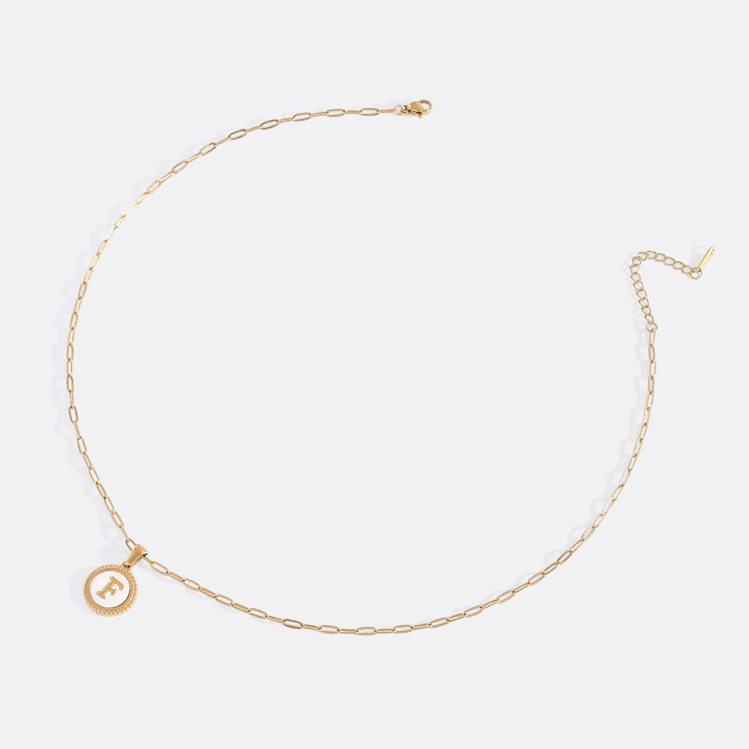 Mother of Pearl Disc Letter Necklace with Paperclip Chain - Image 36