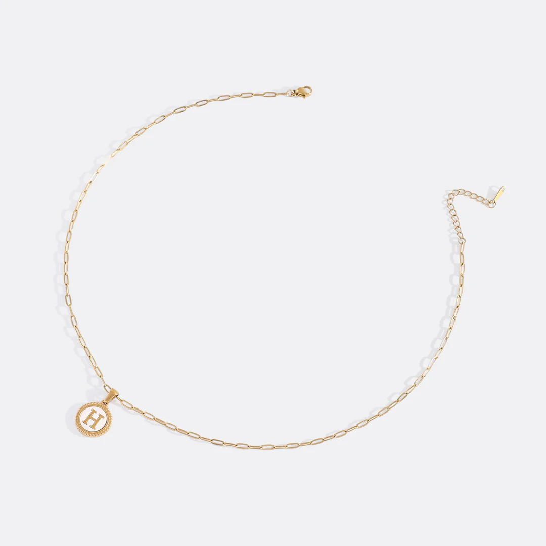 Mother of Pearl Disc Letter Necklace with Paperclip Chain - Image 38