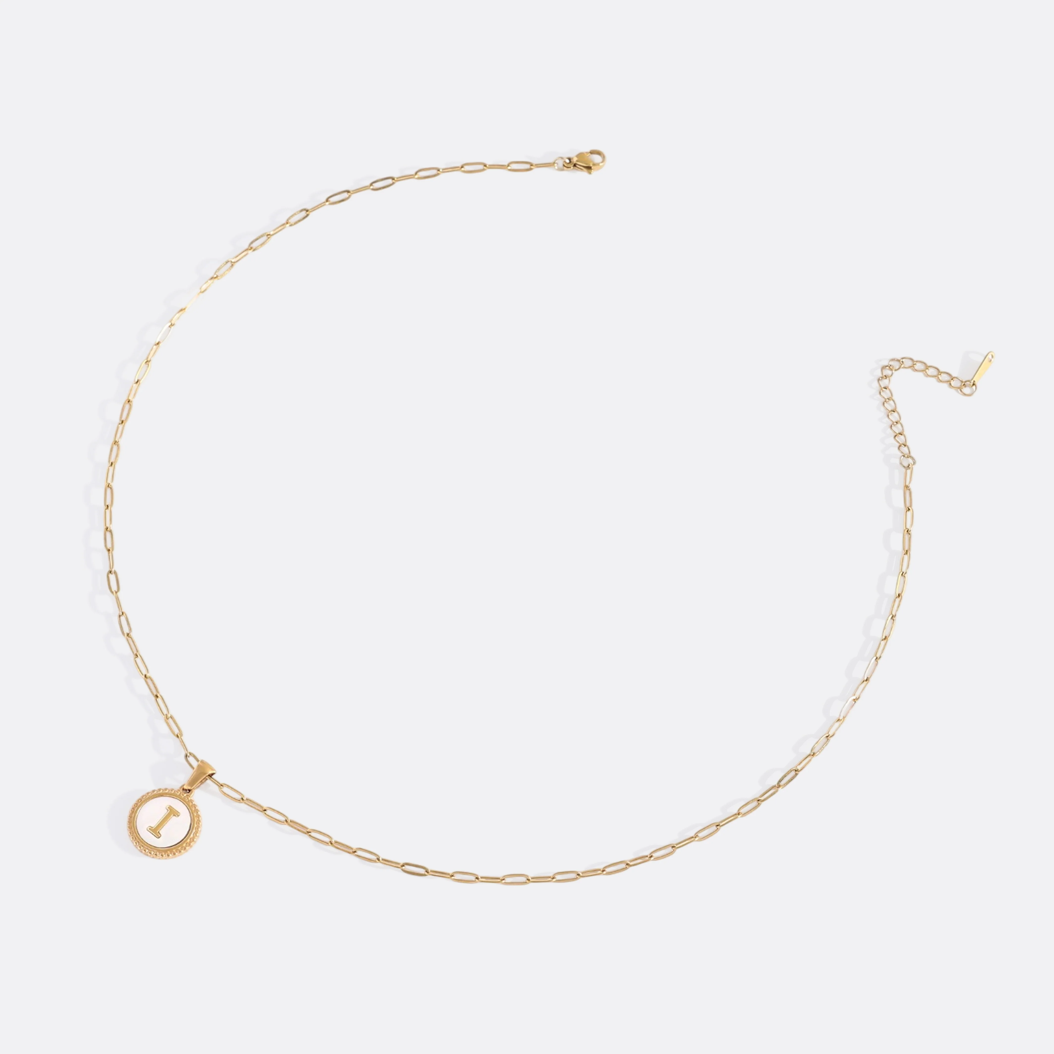 Mother of Pearl Disc Letter Necklace with Paperclip Chain - Image 39