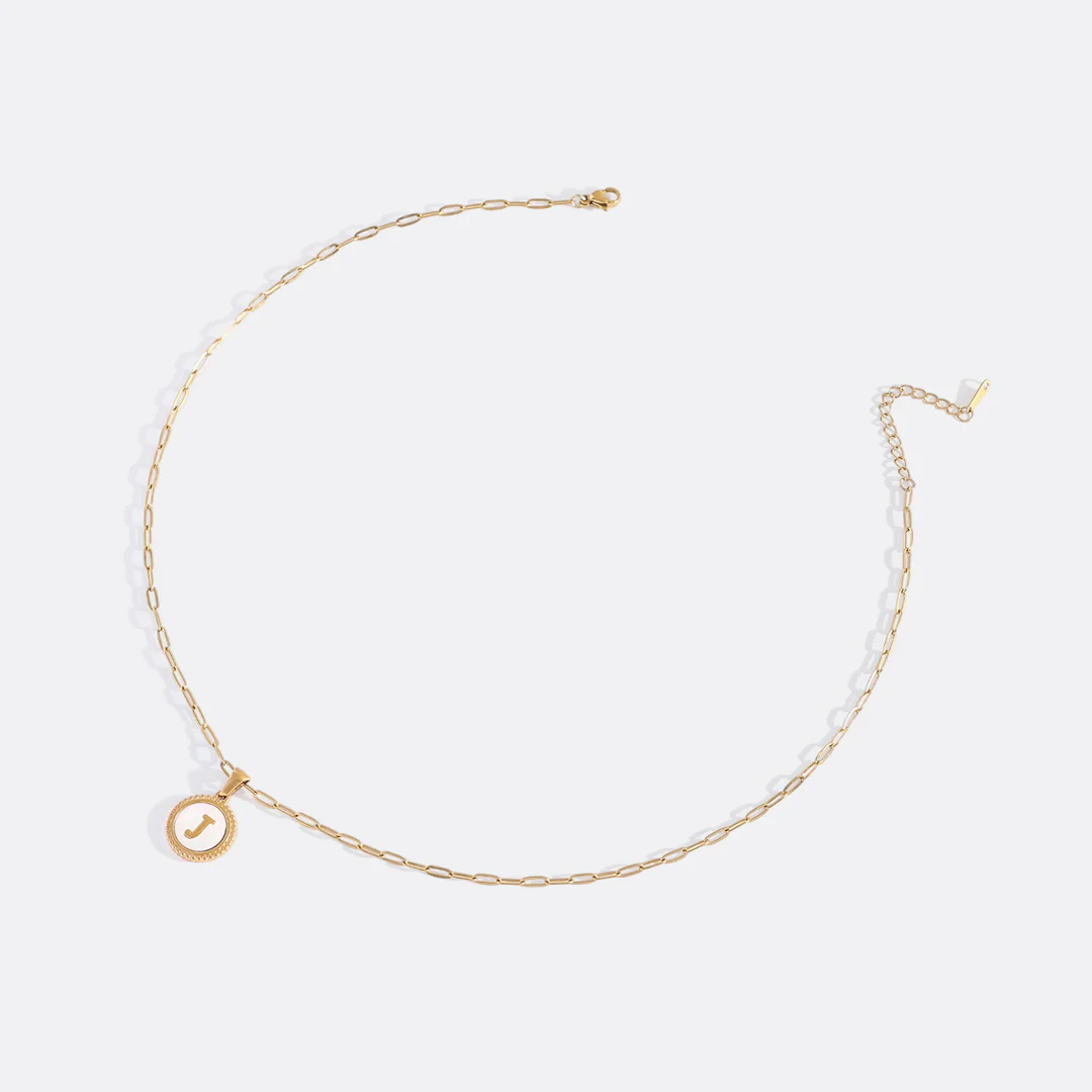 Mother of Pearl Disc Letter Necklace with Paperclip Chain - Image 40