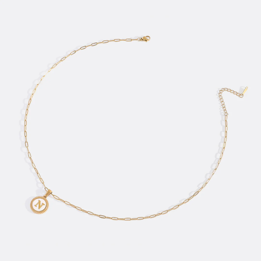 Mother of Pearl Disc Letter Necklace with Paperclip Chain - Image 44