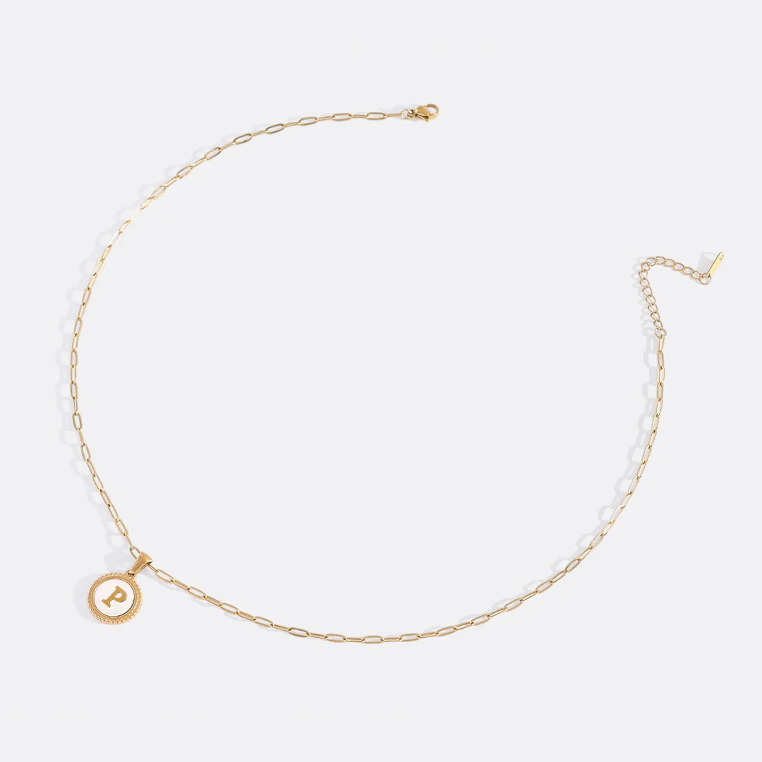Mother of Pearl Disc Letter Necklace with Paperclip Chain - Image 46