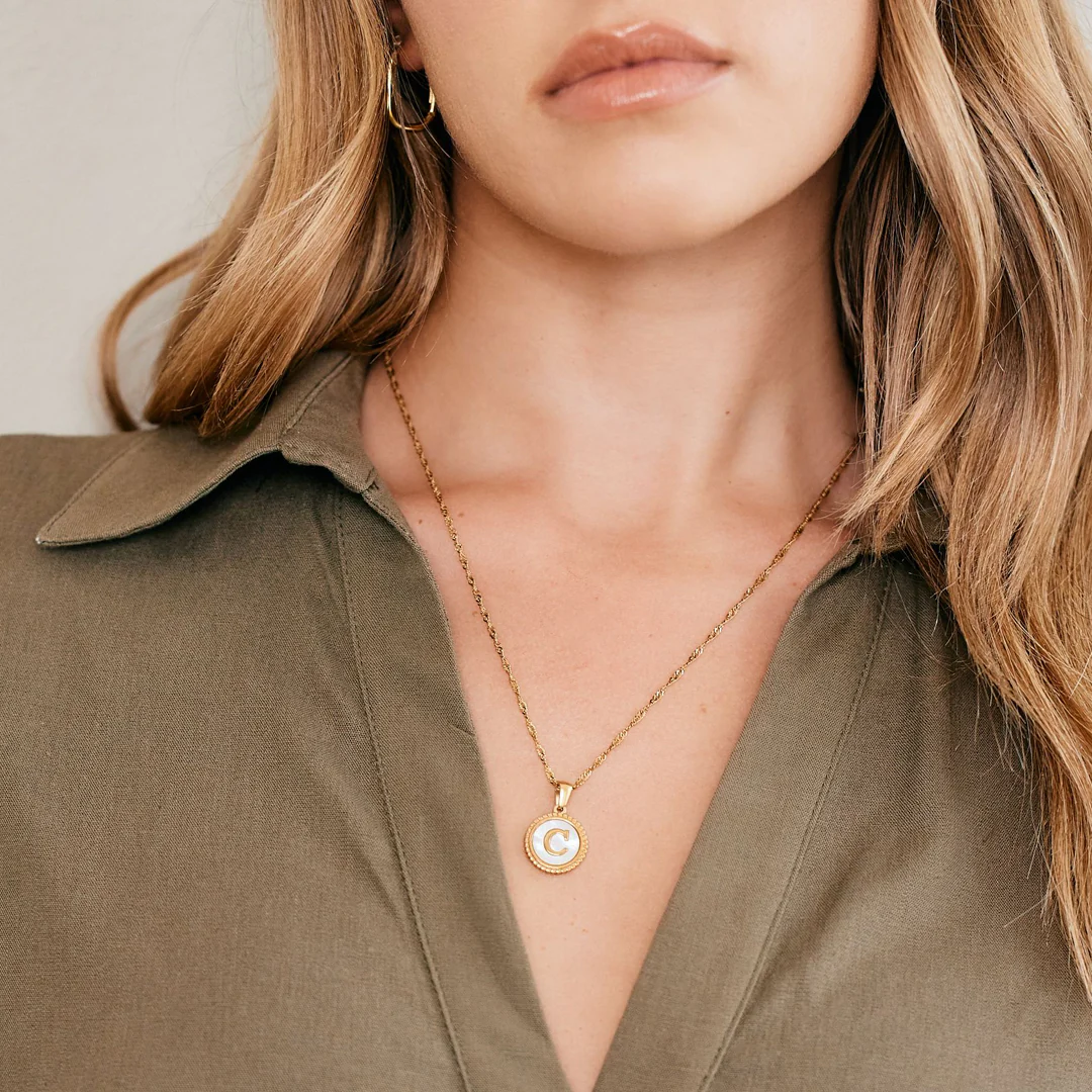 Mother of Pearl Disc Letter Necklace with Twist Chain - Image 56