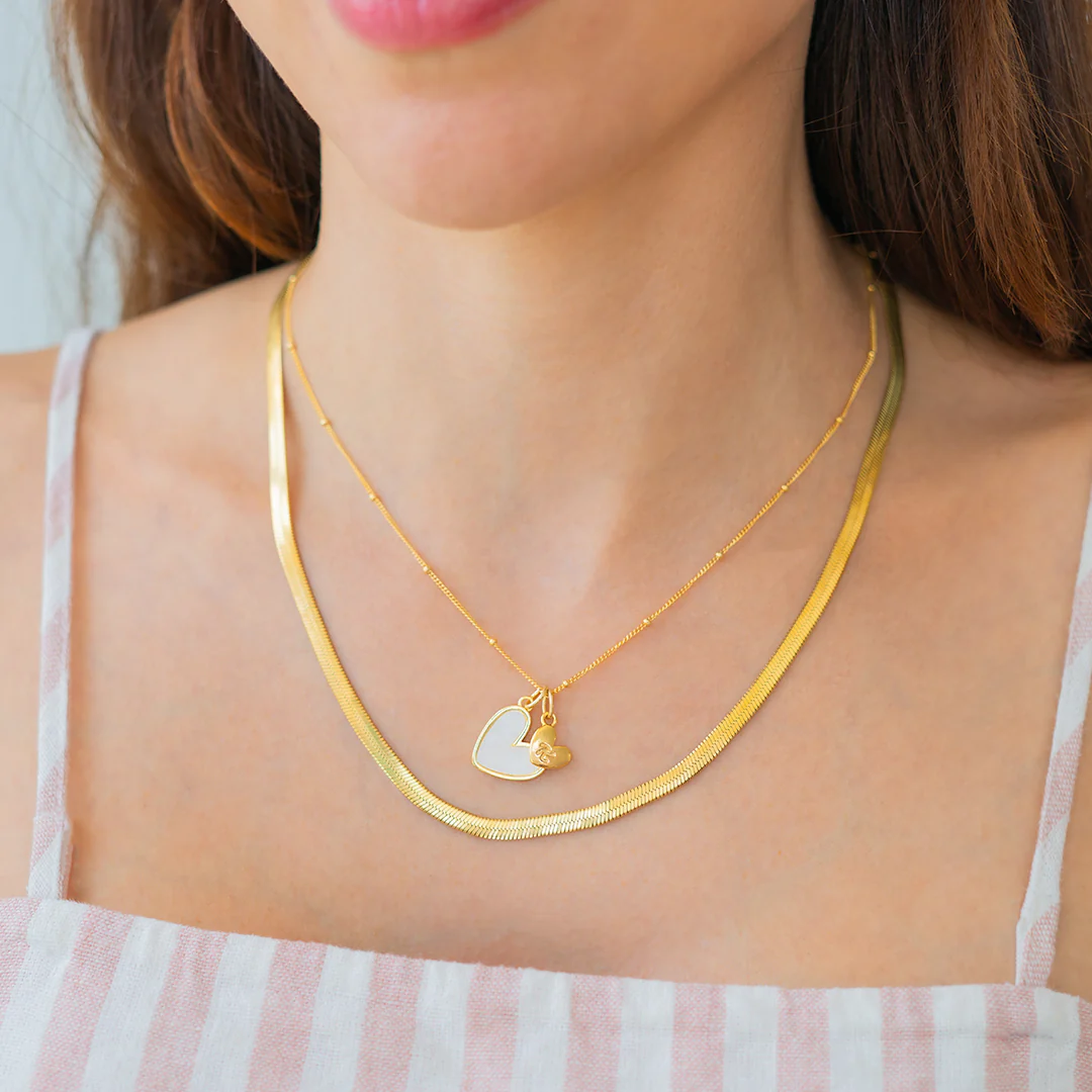 Mother Of Pearl Initial Heart & Herringbone Necklace Set - Image 14