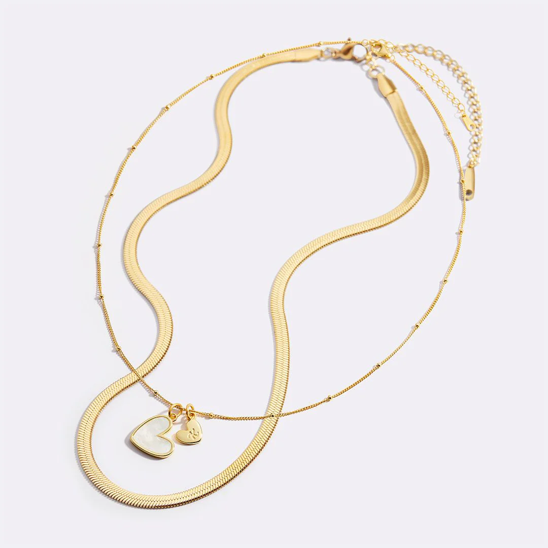Mother Of Pearl Initial Heart & Herringbone Necklace Set - Image 15
