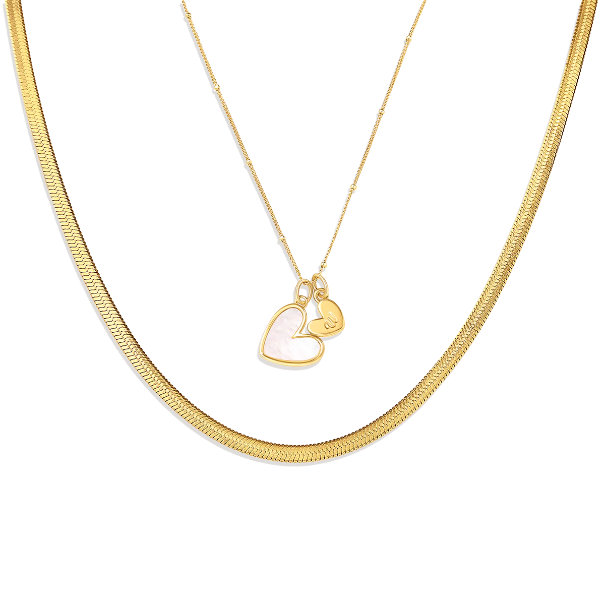 Mother Of Pearl Initial Heart & Herringbone Necklace Set - Image 3