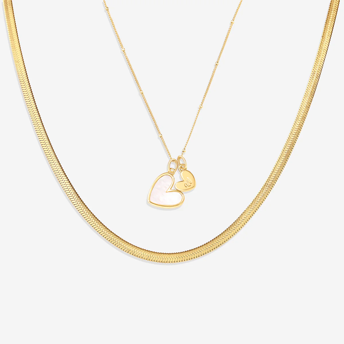 Mother Of Pearl Initial Heart & Herringbone Necklace Set - Image 4