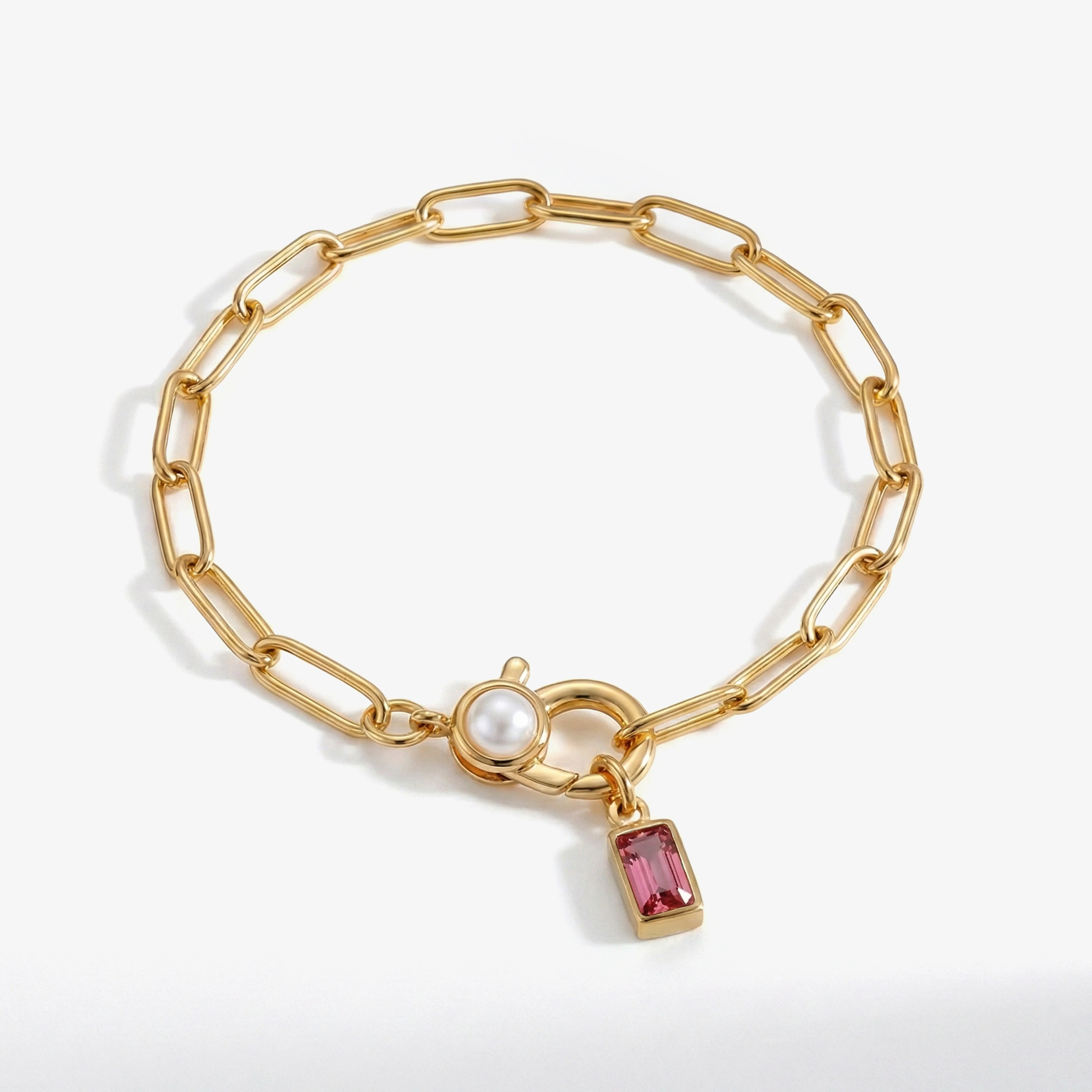 Paperclip Bracelet with Pearl Accent with Dainty Baguette Birthstone Charm - Image 2