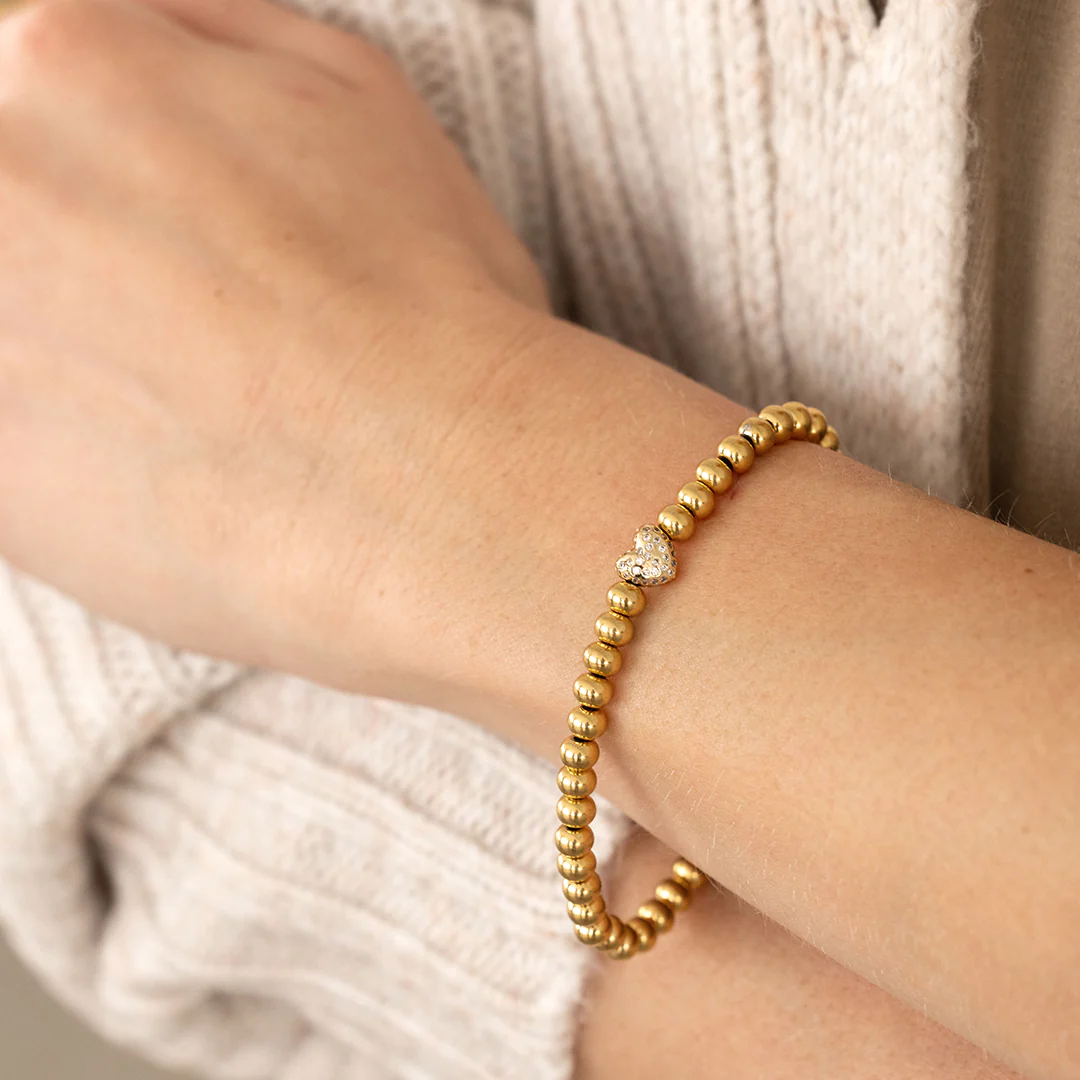 Pave Heart Gold Beaded Bracelet - Image 3