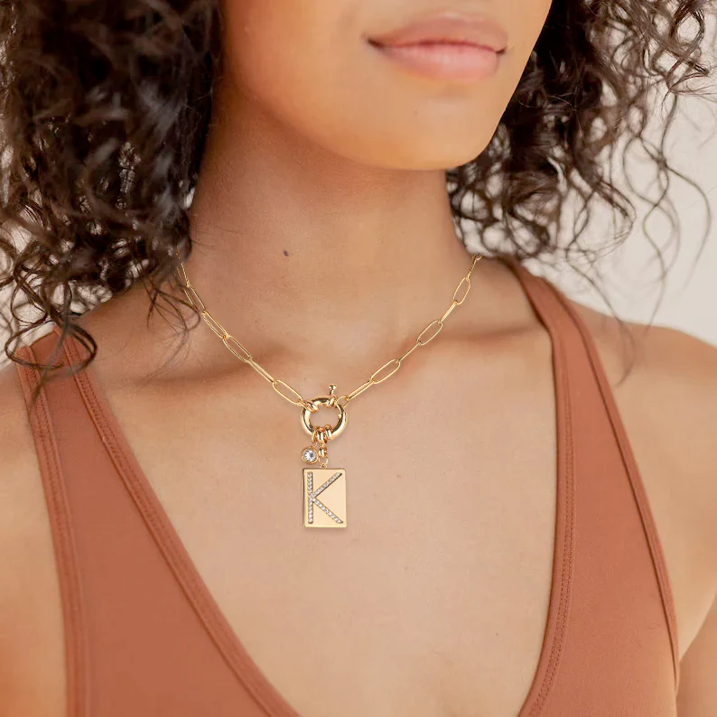 Pave Initial Pendant Necklace with Paperclip Chain - Image 11