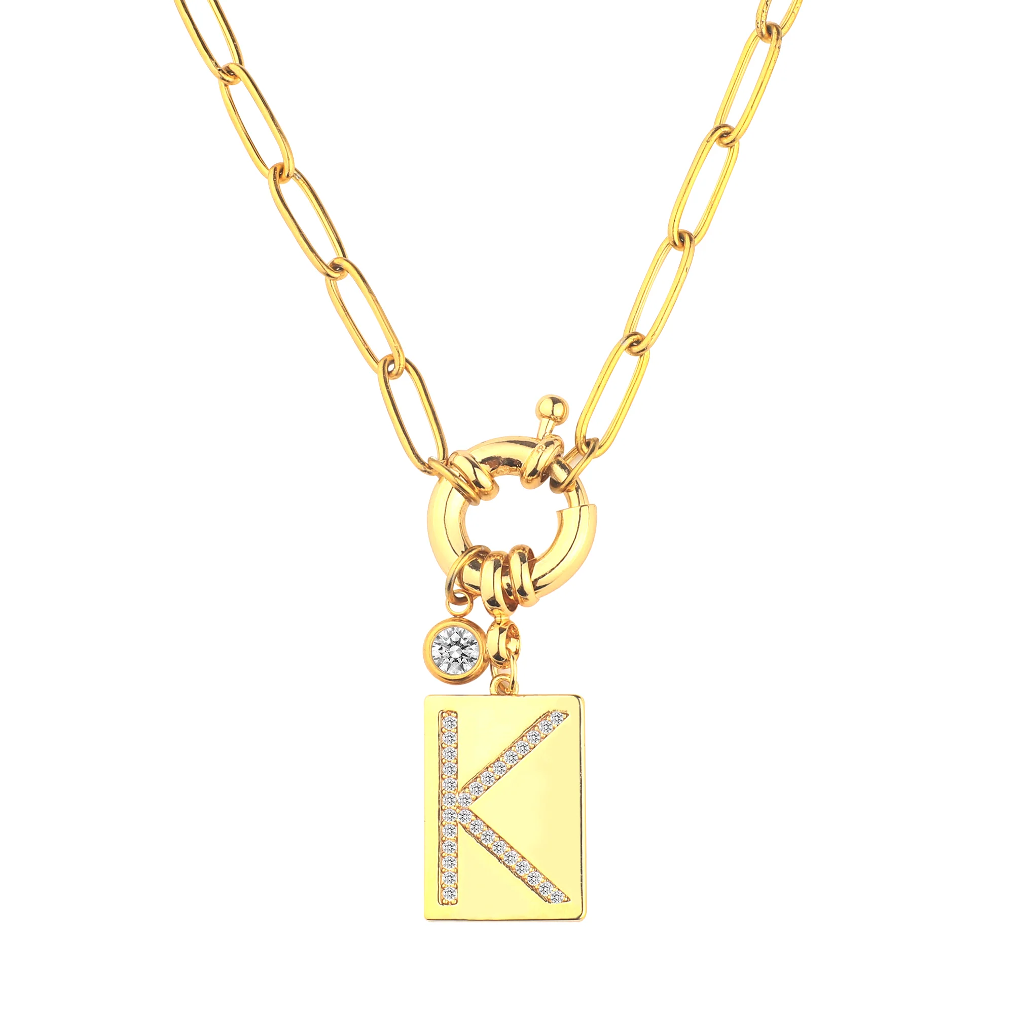 Pave Initial Pendant Necklace with Paperclip Chain - Image 13