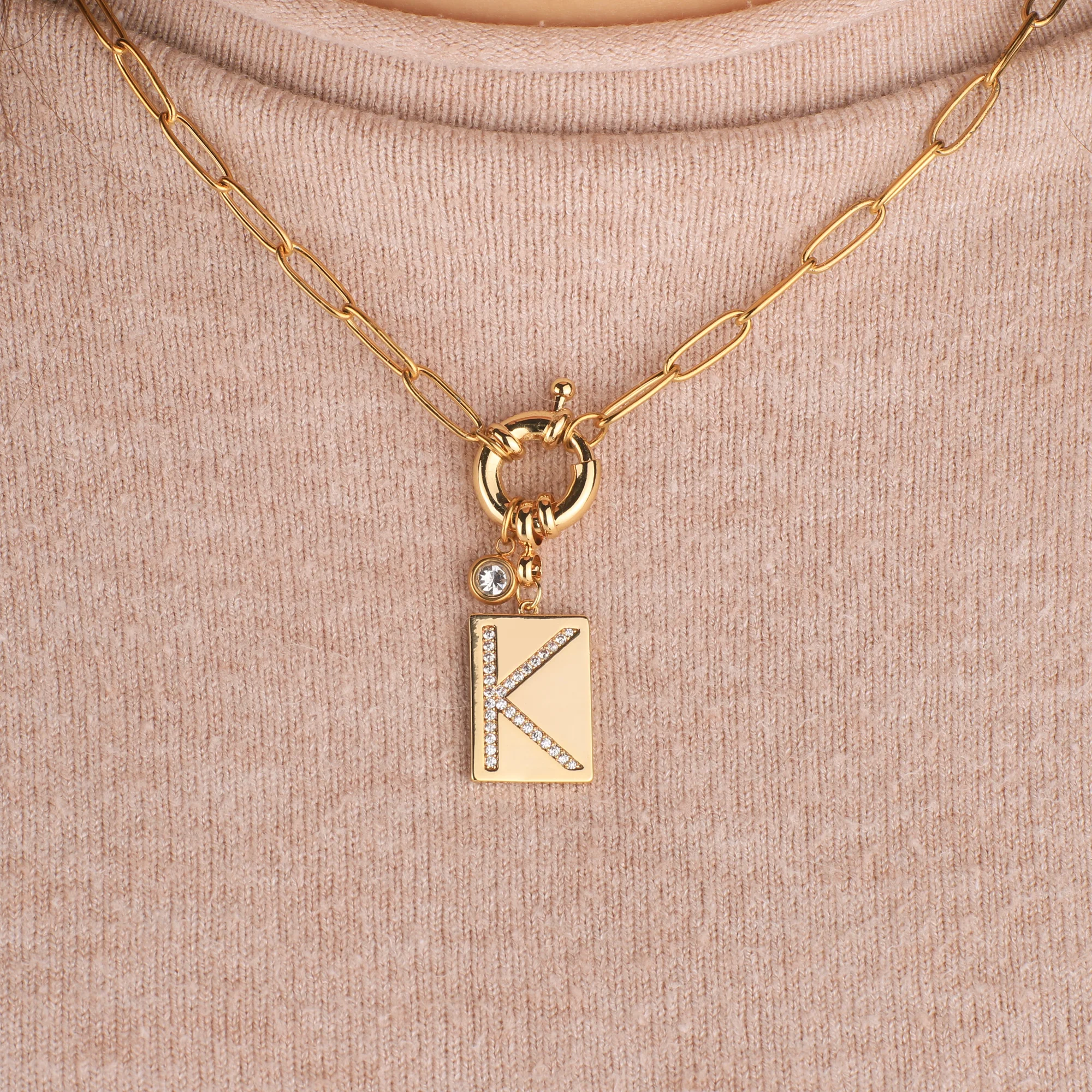 Pave Initial Pendant Necklace with Paperclip Chain - Image 17