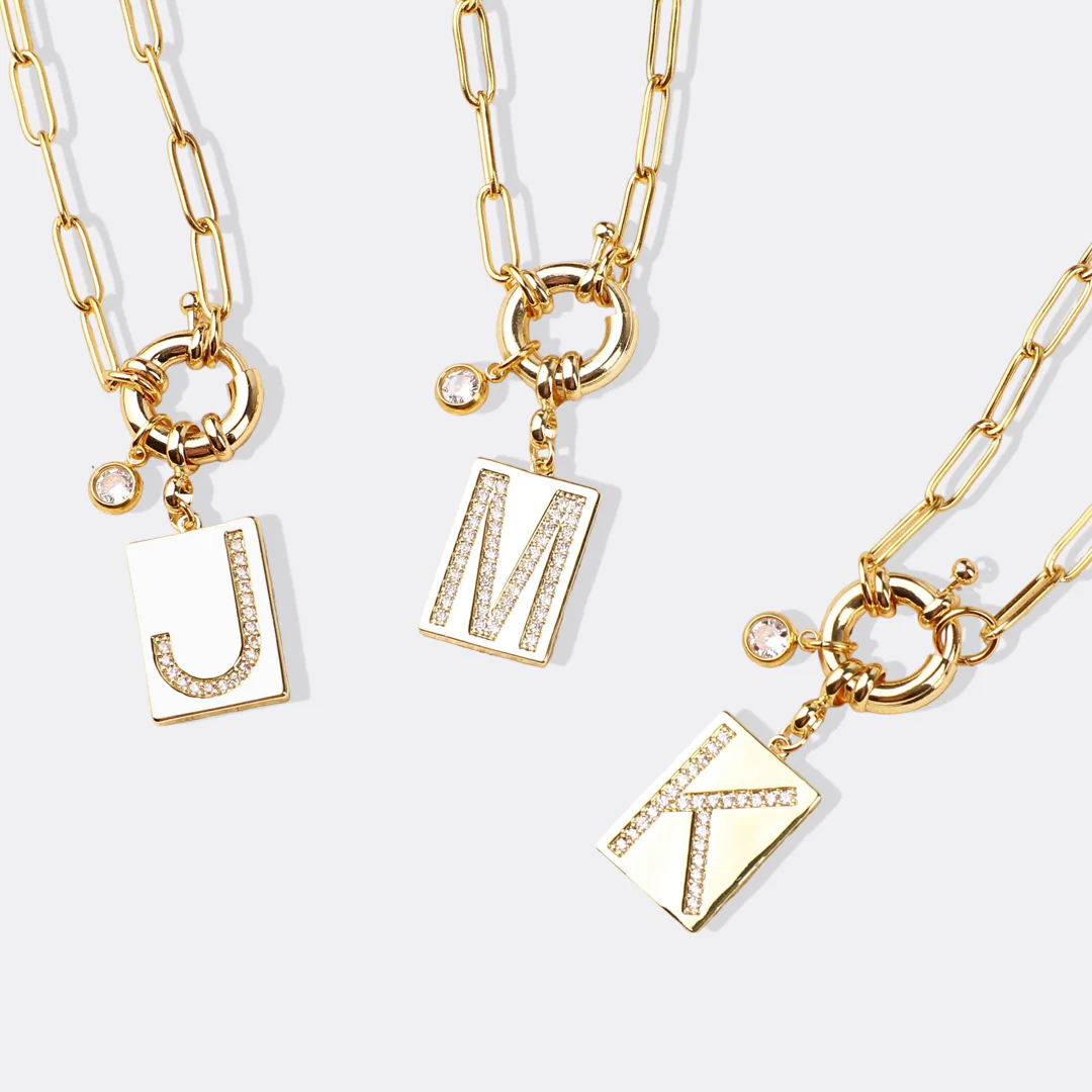Pave Initial Pendant Necklace with Paperclip Chain - Image 19