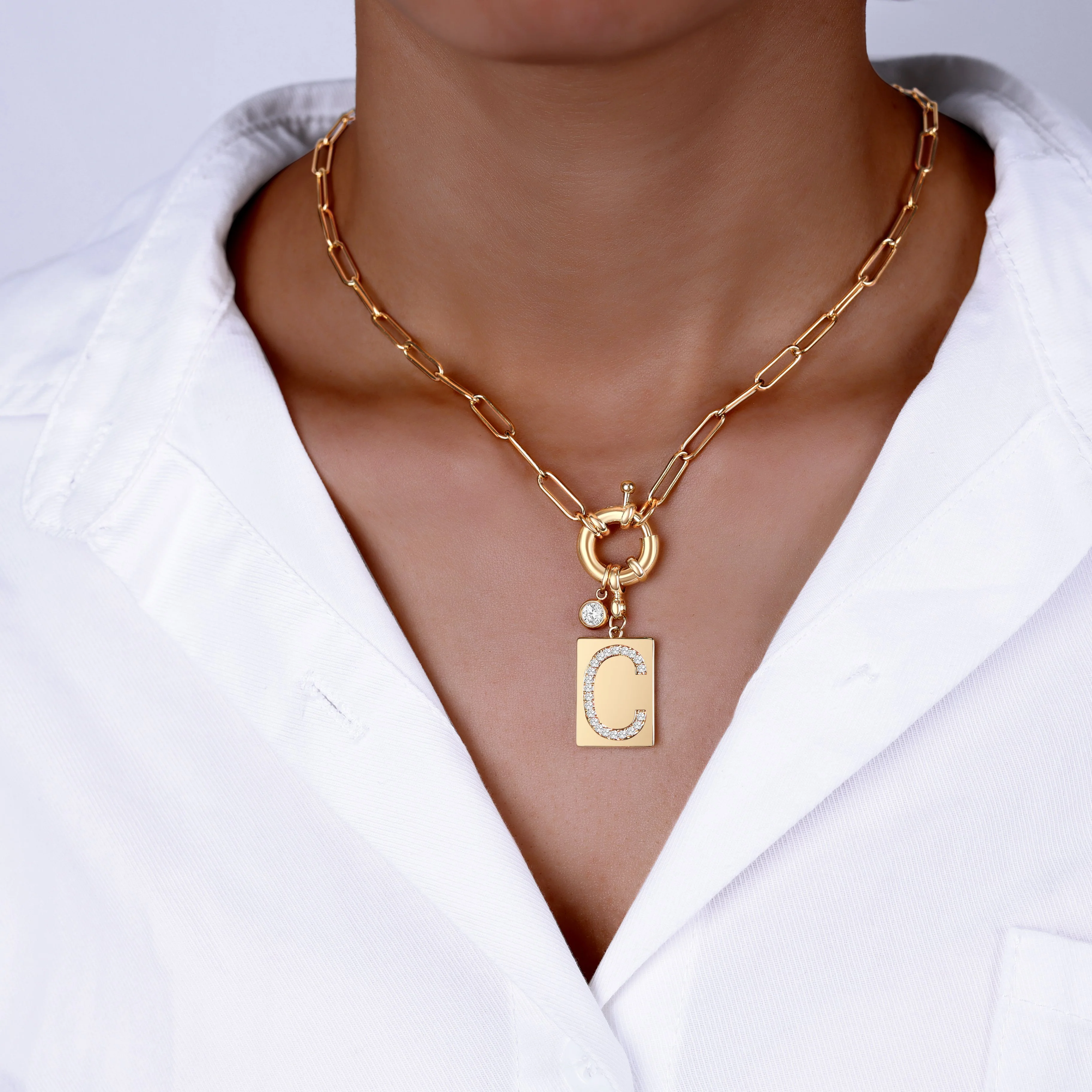 Pave Initial Pendant Necklace with Paperclip Chain - Image 25