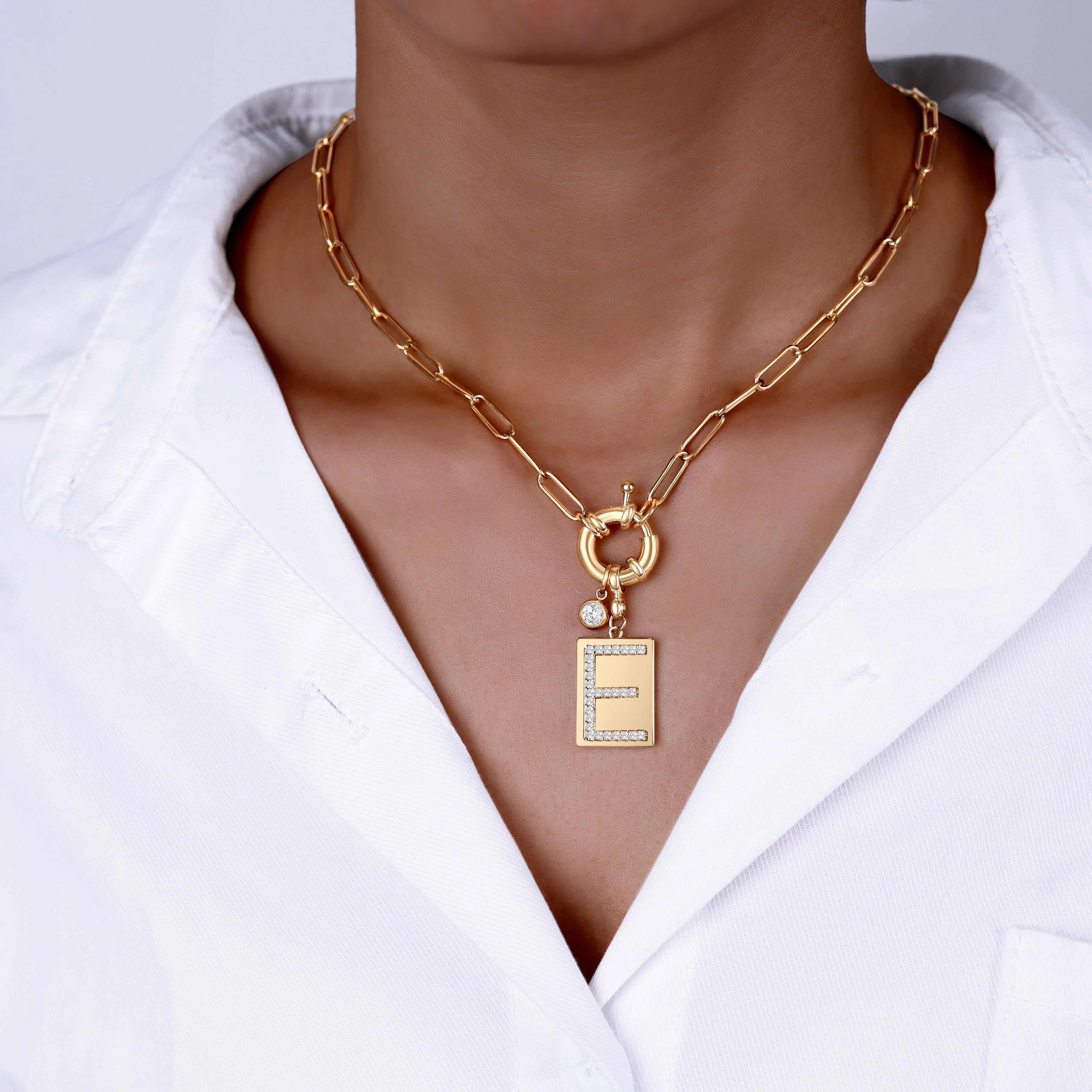 Pave Initial Pendant Necklace with Paperclip Chain - Image 27