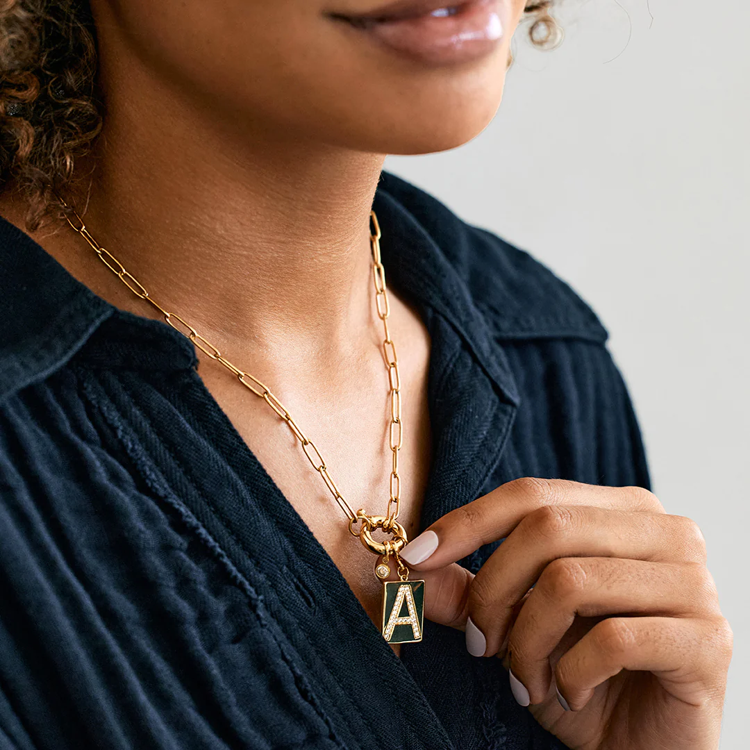 Pave Initial Pendant Necklace with Paperclip Chain - Image 4