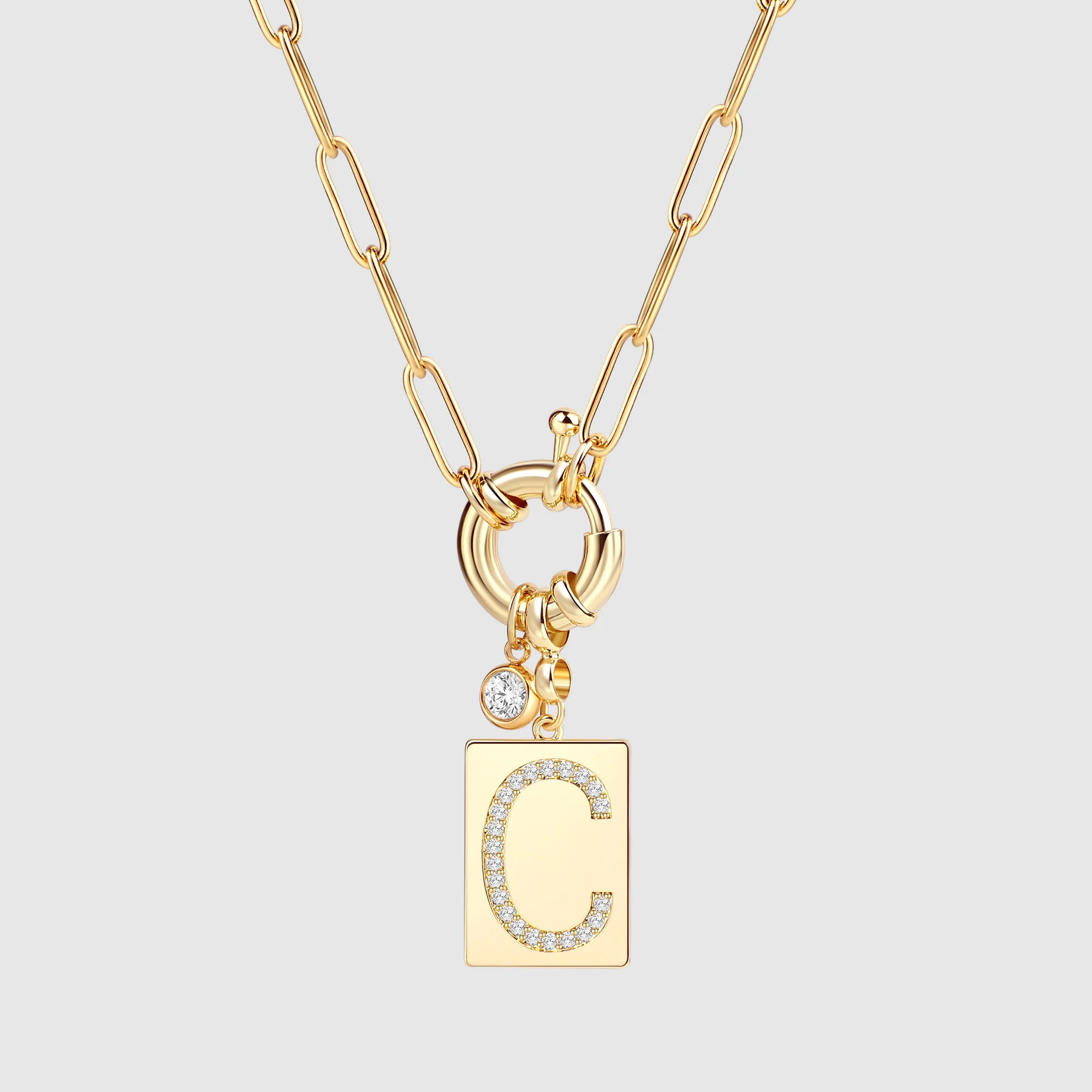 Pave Initial Pendant Necklace with Paperclip Chain - Image 51