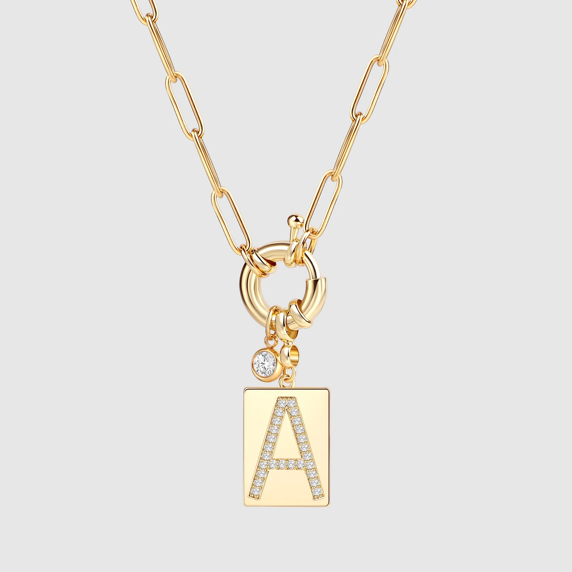 Pave Initial Pendant Necklace with Paperclip Chain - Image 9