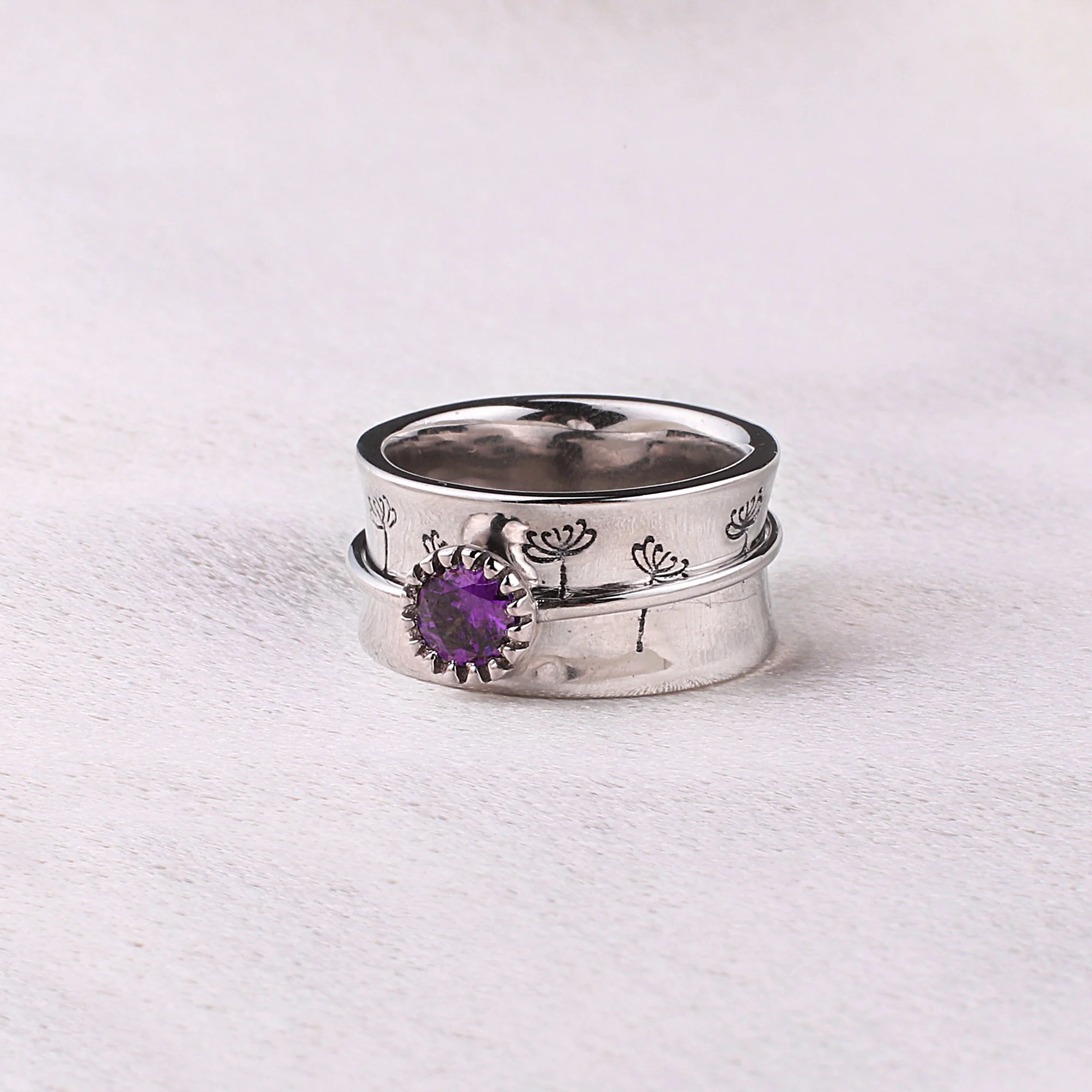Silver Dandelion Birthstone Spinning Fidget Ring - Image 13