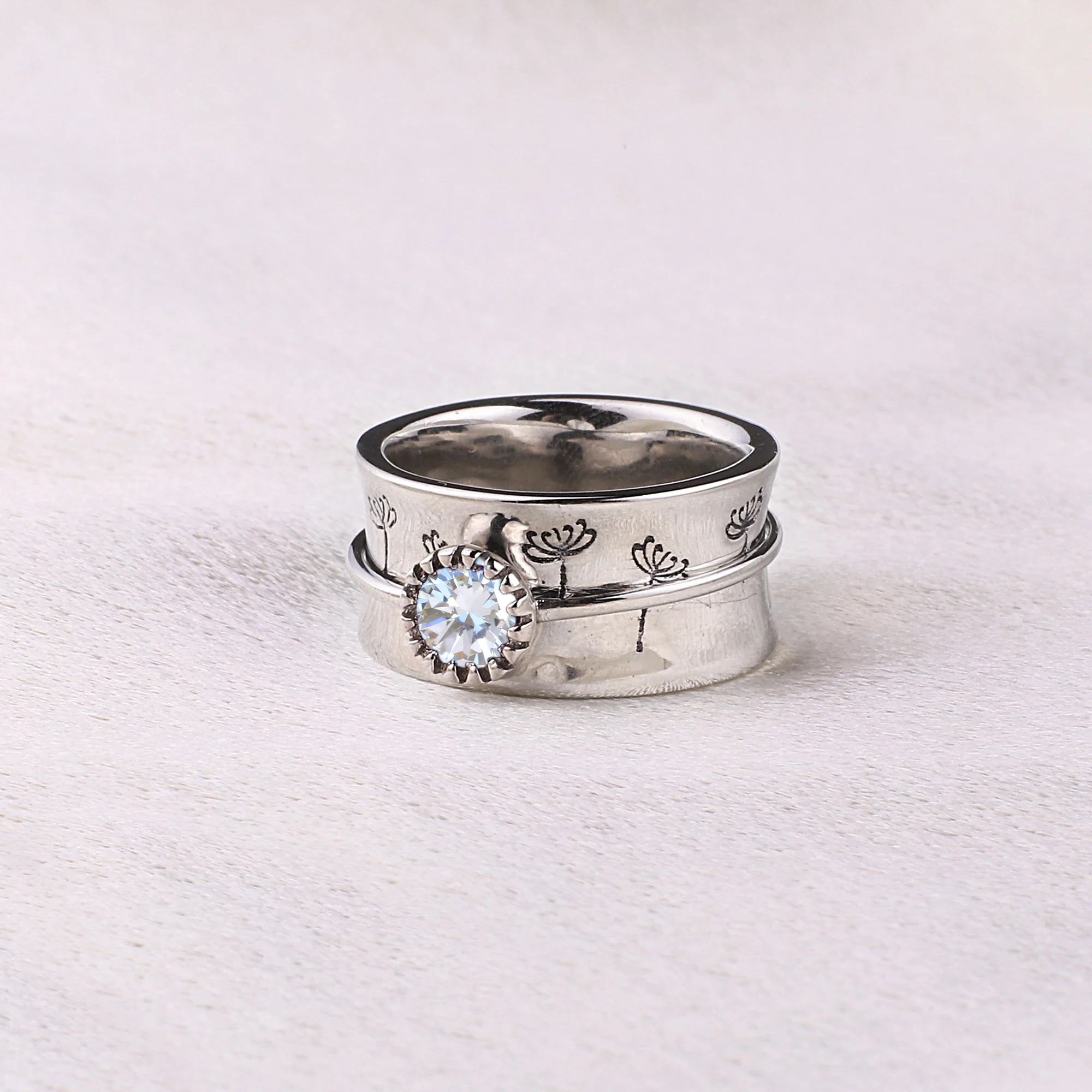 Silver Dandelion Birthstone Spinning Fidget Ring - Image 15