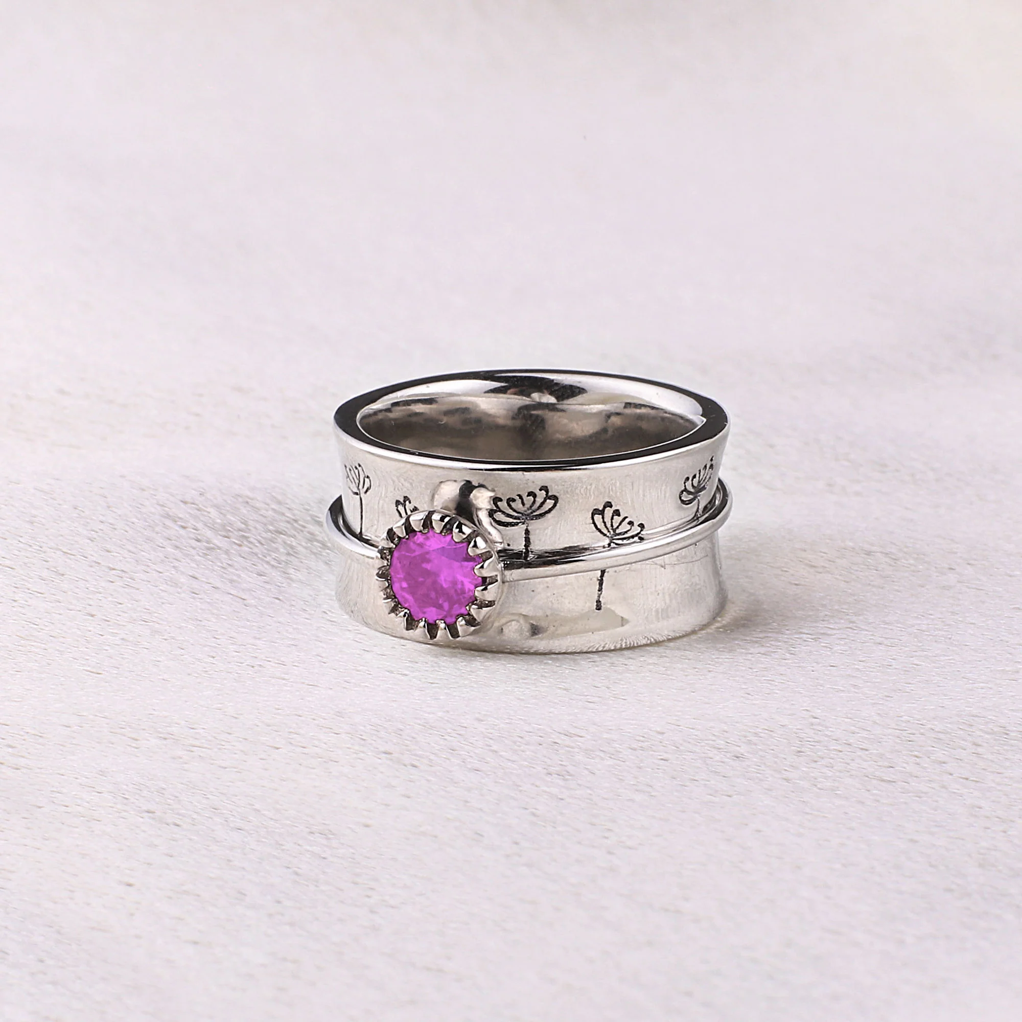 Silver Dandelion Birthstone Spinning Fidget Ring - Image 21