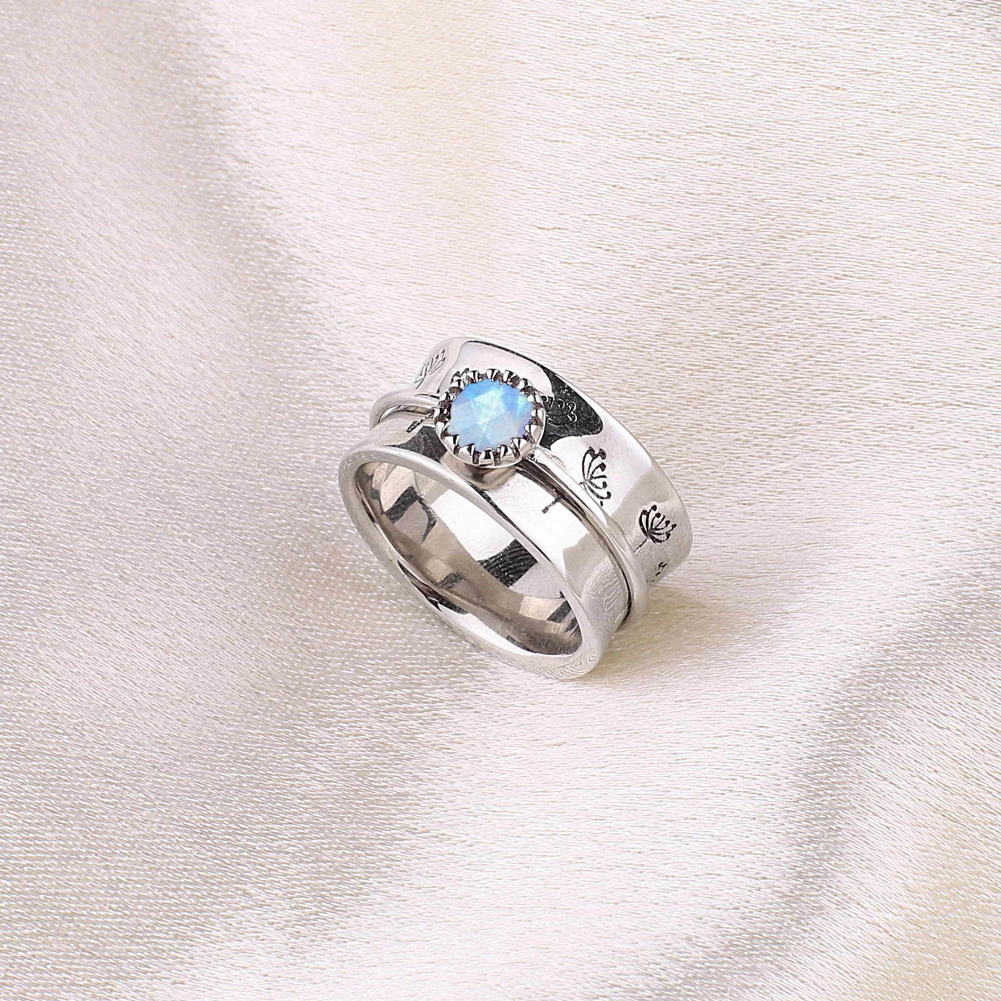 Silver Dandelion Birthstone Spinning Fidget Ring - Image 53