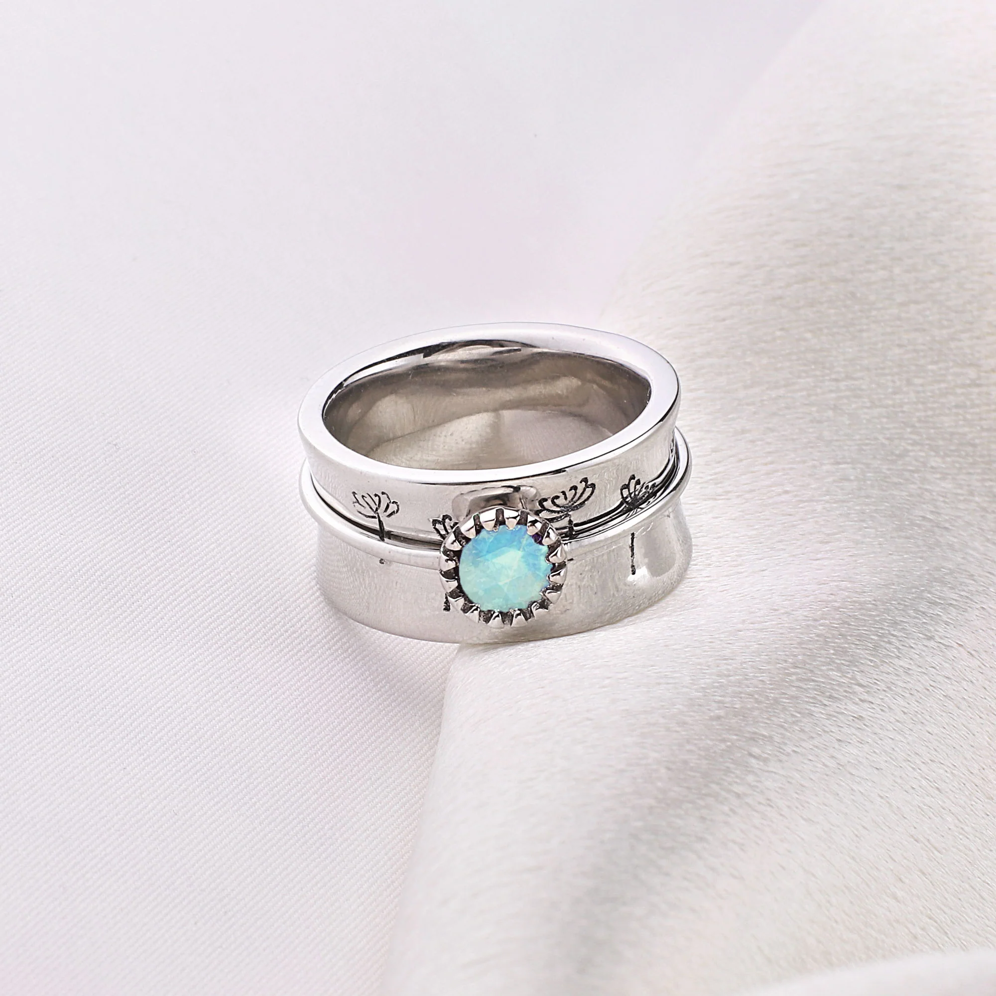 Silver Dandelion Birthstone Spinning Fidget Ring - Image 65