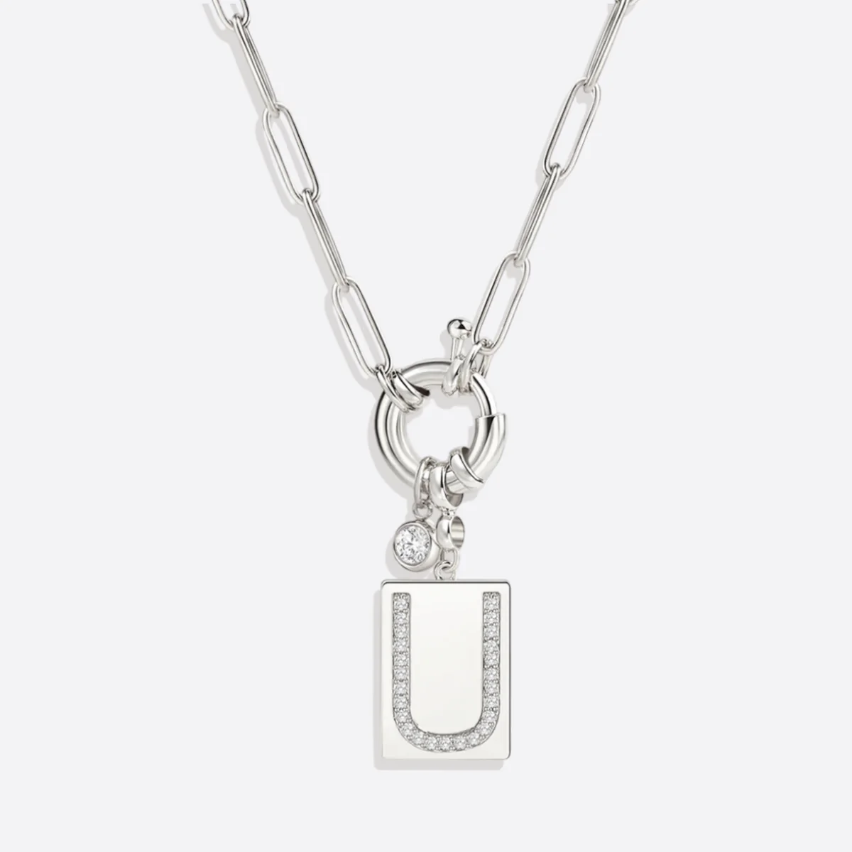Pave Initial Pendant Necklace with Paperclip Chain - Image 11