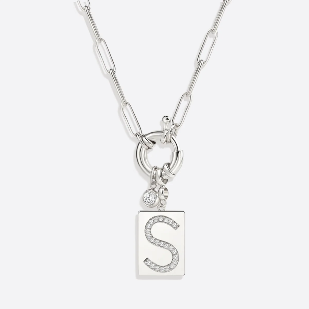 Pave Initial Pendant Necklace with Paperclip Chain - Image 13