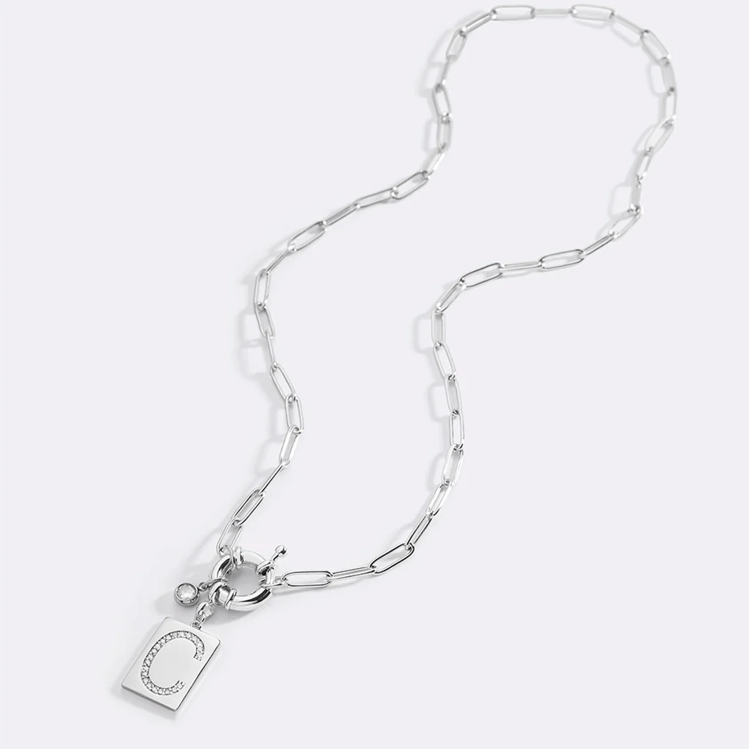 Pave Initial Pendant Necklace with Paperclip Chain - Image 32